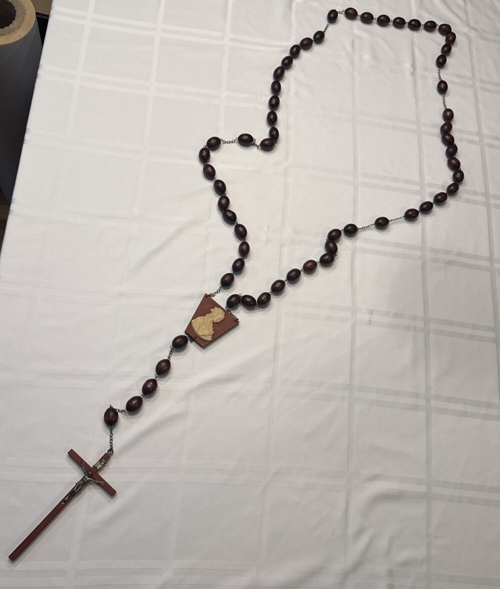 Vintage XL Wood Wall Rosary 62” Cherry Beads Mid Century Religious Decor